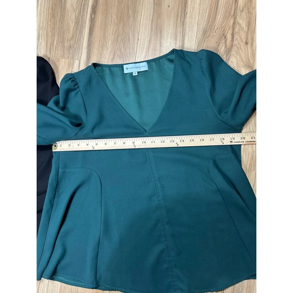 Tuckernuck V-Neck Puff Sleeve Blouse Top SET/2 Womens M Black Green Preppy Flowy